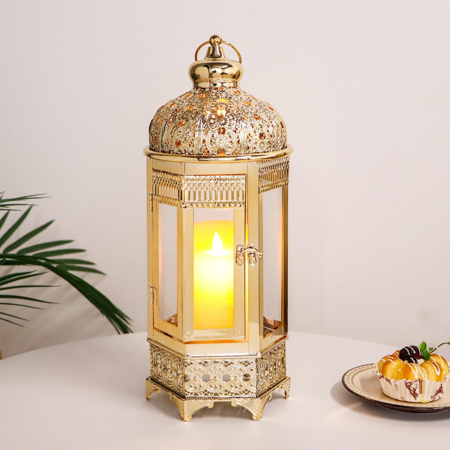 TRIROCKS Moroccan Candle Lantern16'' Gold Hexagonal Candle Holder with Tempered Glass Decorative Indoor Outdoor Ramadan Lantern for Living Room Garden Yard Patio Parties Events (Gold)