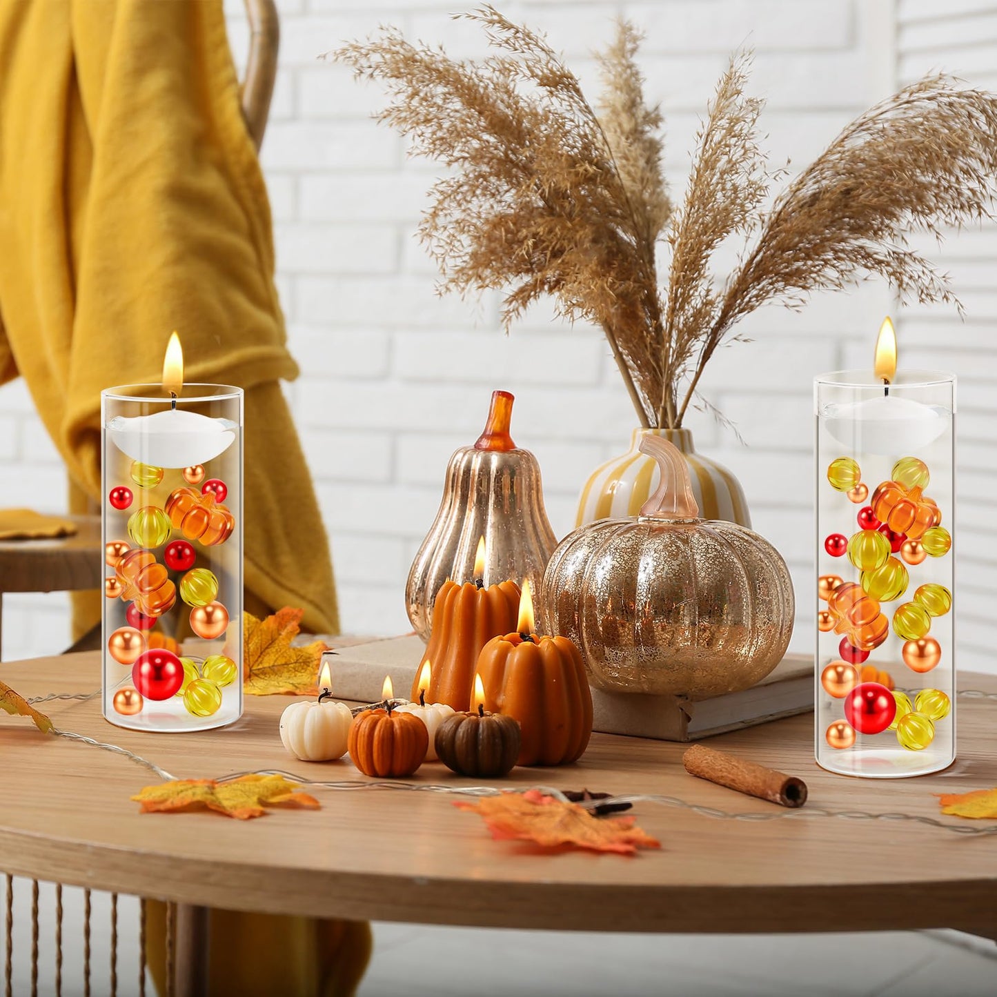 MTLEE 124 Pcs Thanksgiving Vase Filler Faux Pearl for Vase Filler with 8 White Unscented Candles for Fall Thanksgiving Home Table Party Festival Decors, Not Included Clear Beads(Pumpkin)