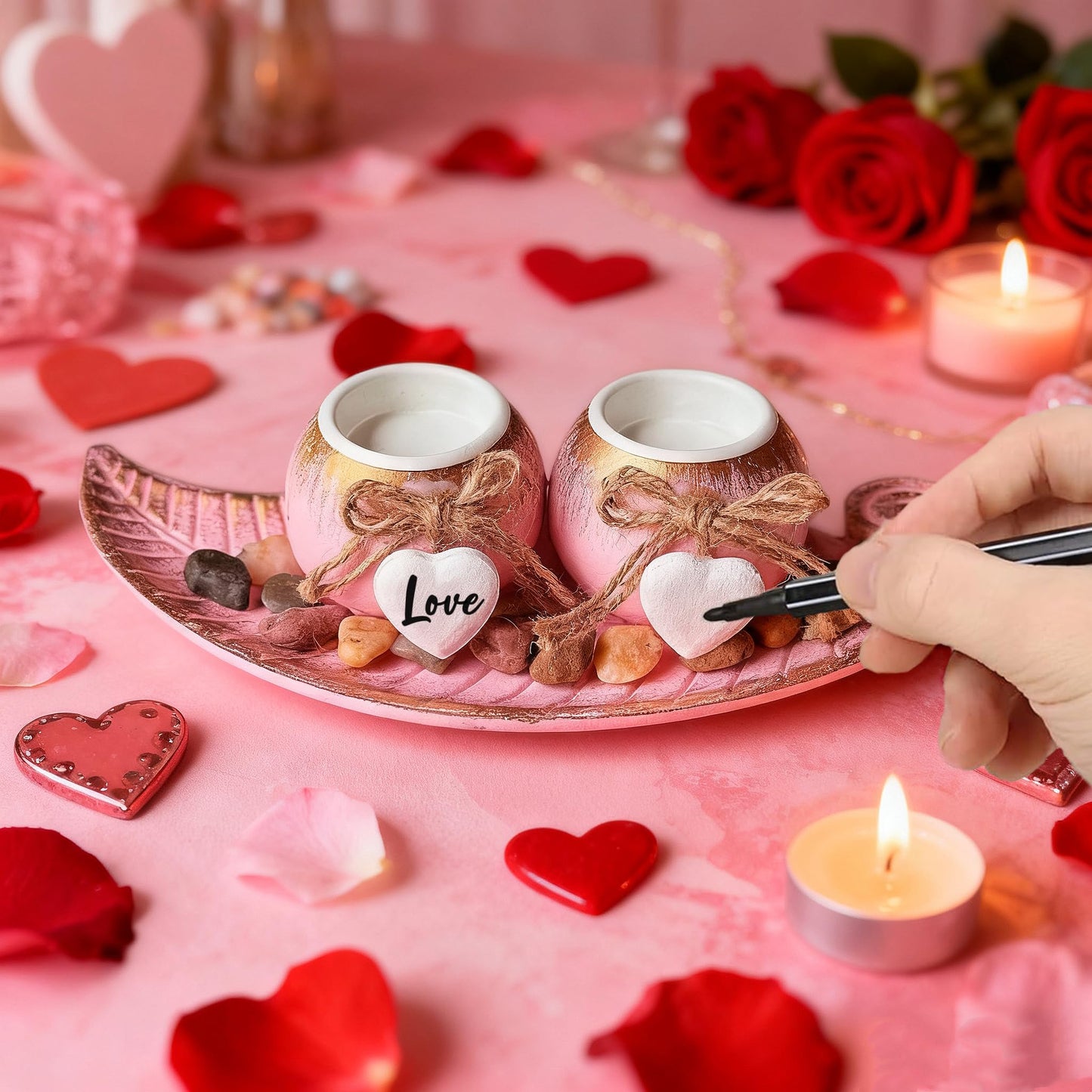 Fiarbrty Wooden Tealight Candle Holders,Pink Leaf Shaped Wooden Tray with Two Tealight Candles, Holders for Table Centerpiece Decor,Wedding,Anniversary,Valentine's Day