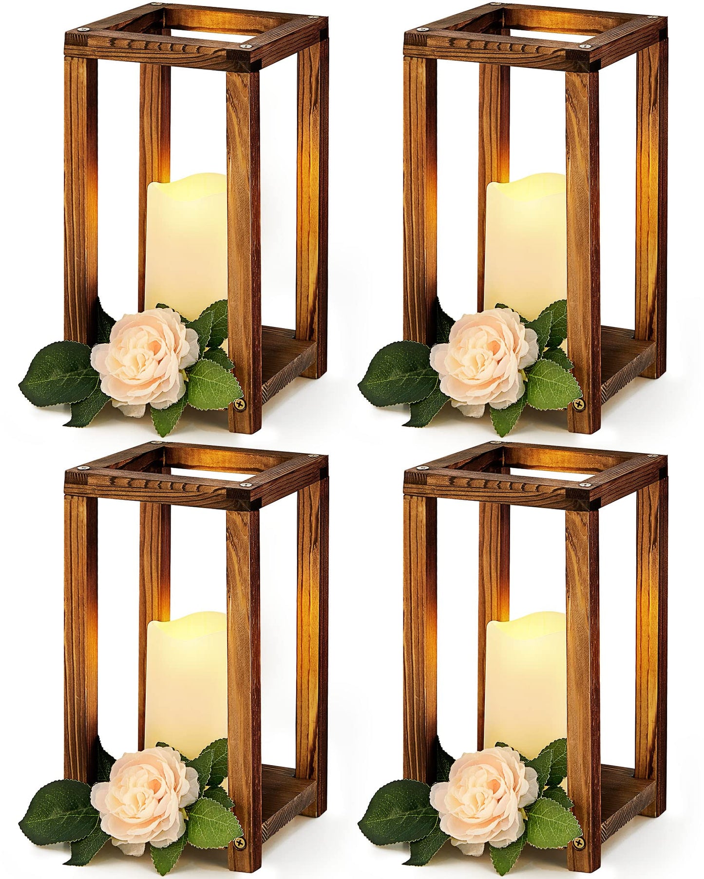 Huquary 8 Pcs Wooden Wedding Lantern Centerpiece for Table Decoration Includes 4 Farmhouse Candle Holder and 4 Flameless Decorative LED Candles for Rustic Home Wedding Decor(Dark Brown)