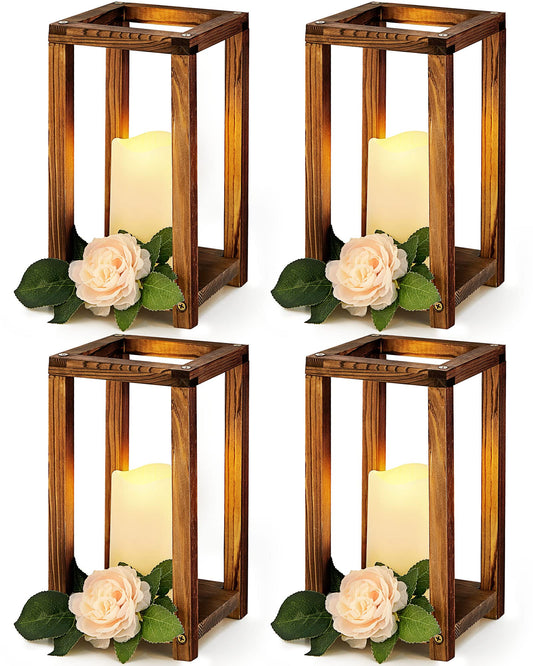 Huquary 8 Pcs Wooden Wedding Lantern Centerpiece for Table Decoration Includes 4 Farmhouse Candle Holder and 4 Flameless Decorative LED Candles for Rustic Home Wedding Decor(Dark Brown)