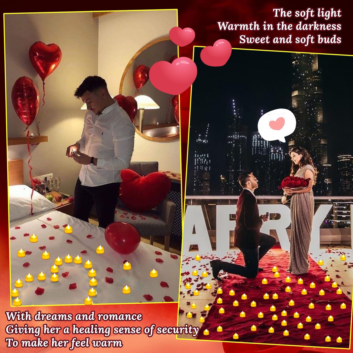 JMUQ 7000 Pieces Artificial Rose Petals with 72 Pieces Romantic Heart Led Tealight Candles, Rose Petals and Candles Set for Weddings Anniversaries Proposals Decor(Warm White Light)