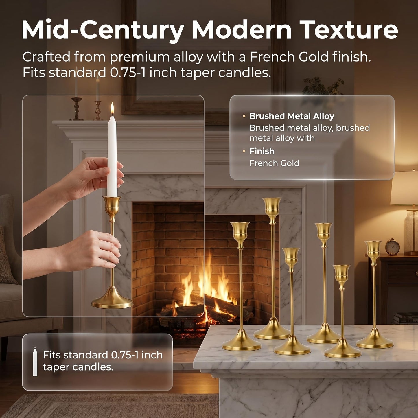 Oakernel French Gold Taper Candle Holders 2 Sets(6 Pcs) - Tall Metal Candlestick Holders for Table Centerpiece, Formal Dinner, Wedding, Fireplace Mantel Decor, Fits 3/4 Inch Thick Candles