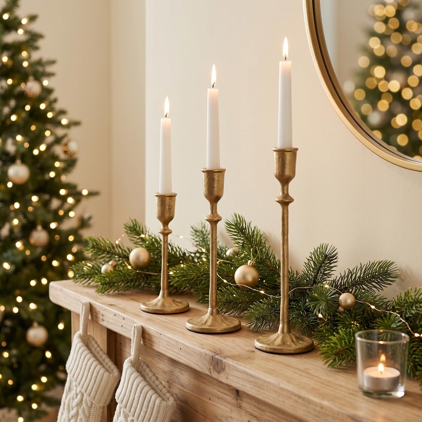 PUKUPIG Candlestick Holders, Set of 3 Taper Candle Holders with Heavy Duty Weighted Base, Matte Brass Gold Metal Stands for Wedding, Mantel & Table Decor, Fits 3/4" & 7/8" Candles