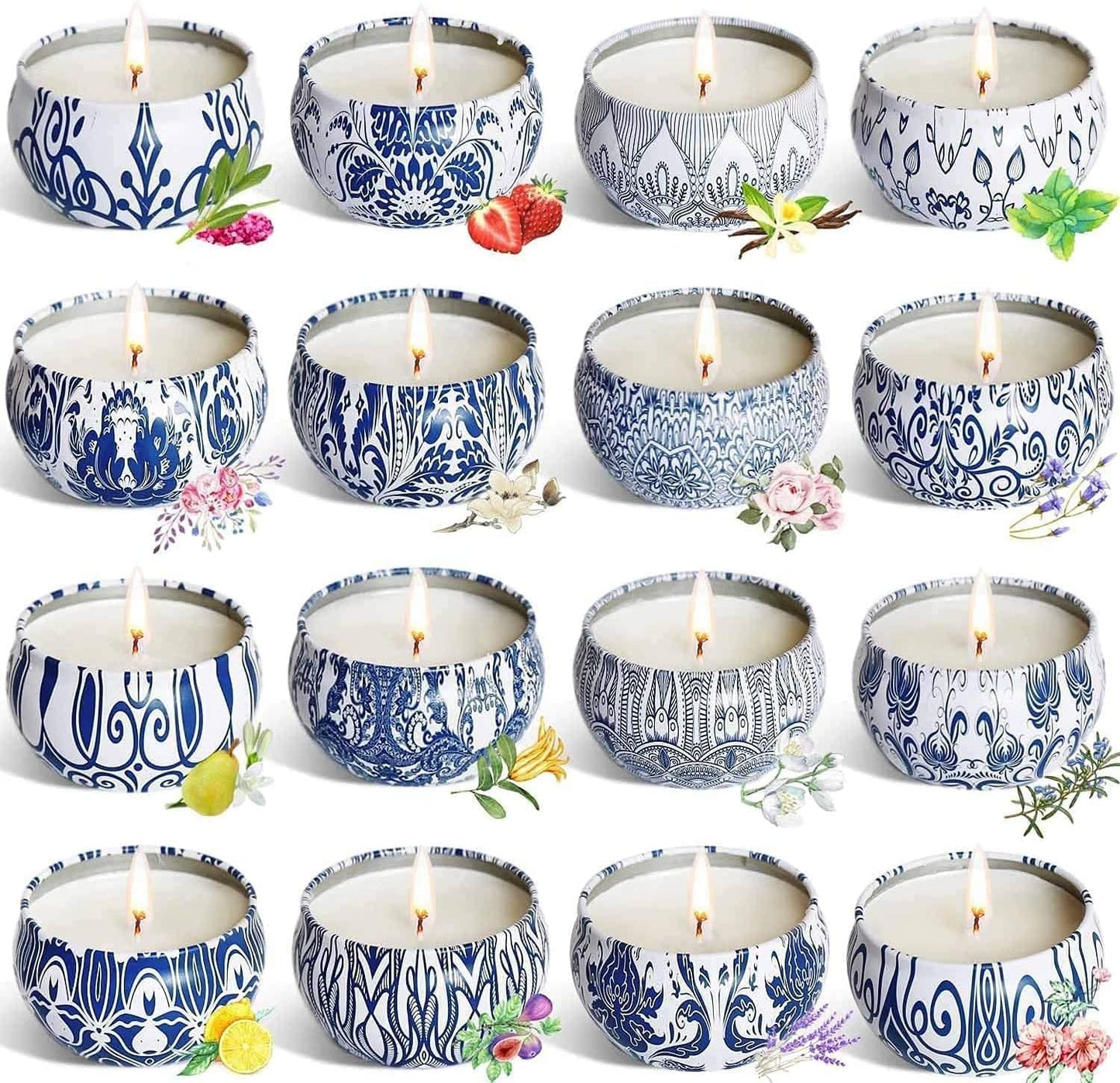Set of 16 Small Scented Candles Gifts,Blue and White Aroma Naturals Candles,2.5 OZ Soy Wax Travel Tin Jar Candles,Appropriate Gifts for Mom,Christmas, Birthday, Thanksgiving,Christmas Celebrations.