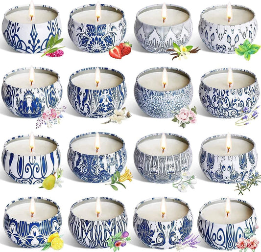 Set of 16 Small Scented Candles Gifts,Blue and White Aroma Naturals Candles,2.5 OZ Soy Wax Travel Tin Jar Candles,Appropriate Gifts for Mom,Christmas, Birthday, Thanksgiving,Christmas Celebrations.