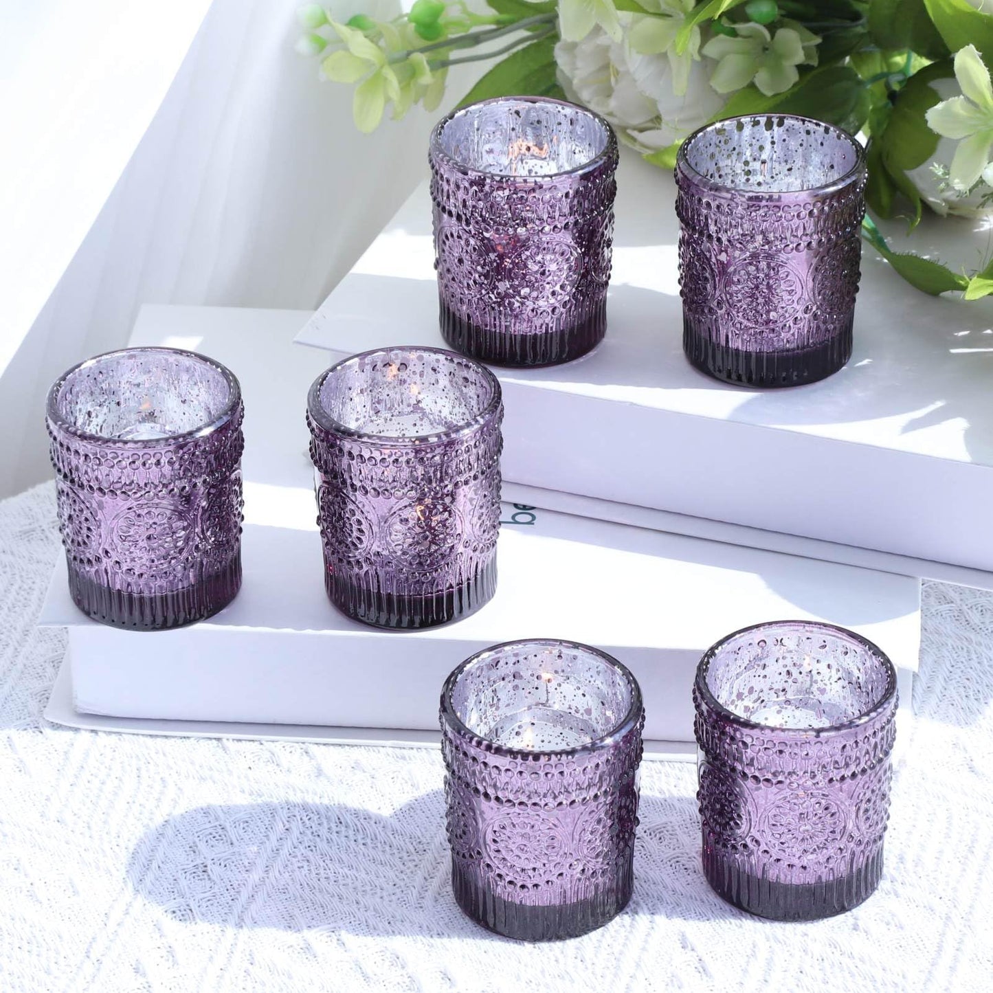 VOHO 12pcs Sunflower Purple Votive Candle Holders for Table Centerpiece, Mercury Tealight Candle Holder for Wedding Decor, Boho Tea Light Candle Holder Glass Gifts for Easter Halloween(2.1x2.6 In,W/H)