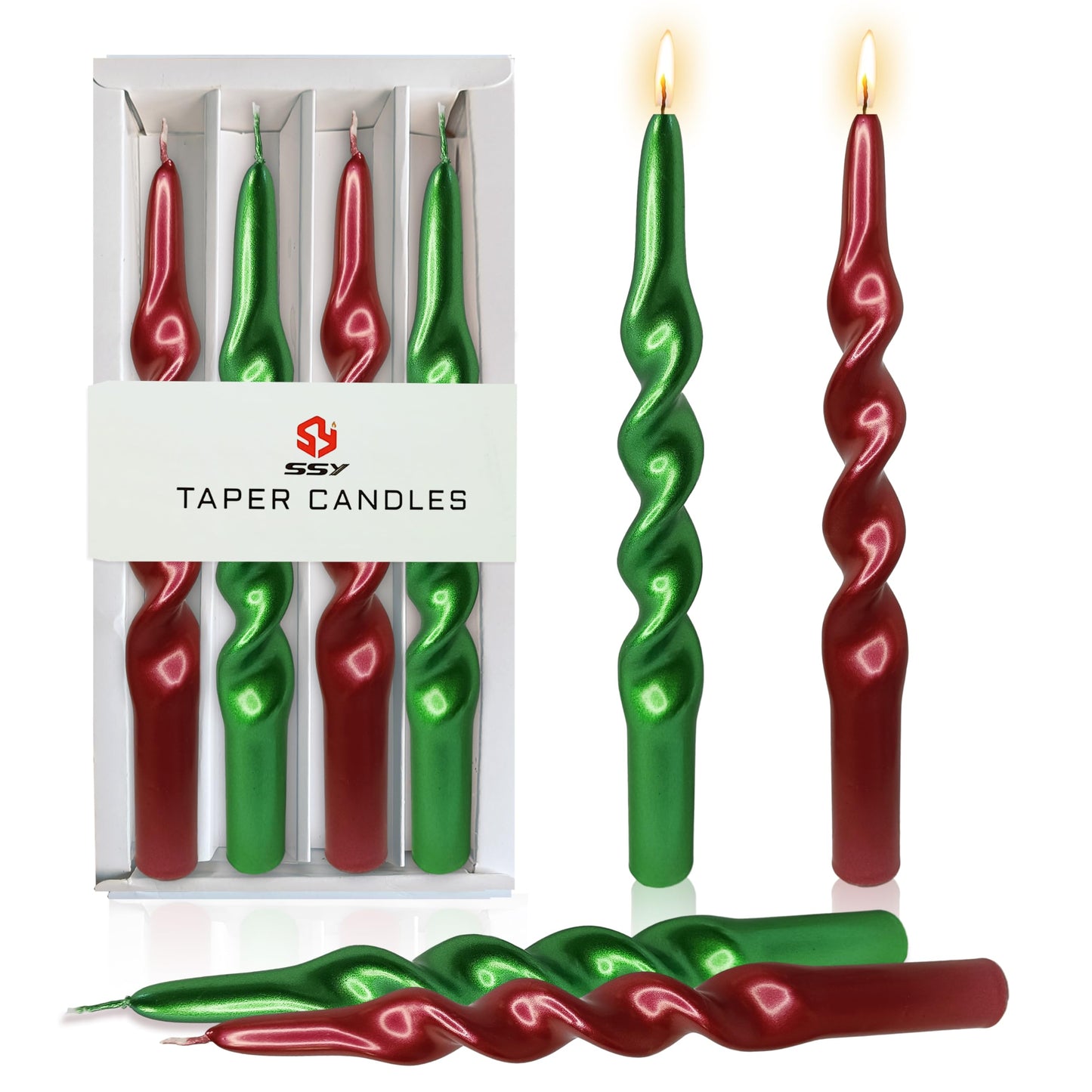 Metal Red Green Spiral Taper Candles Set of 4, 10 Inch Handmade Candle Stick, Unscented Twisted Candles, Tapered Candles for Wedding Christmas Home Decor