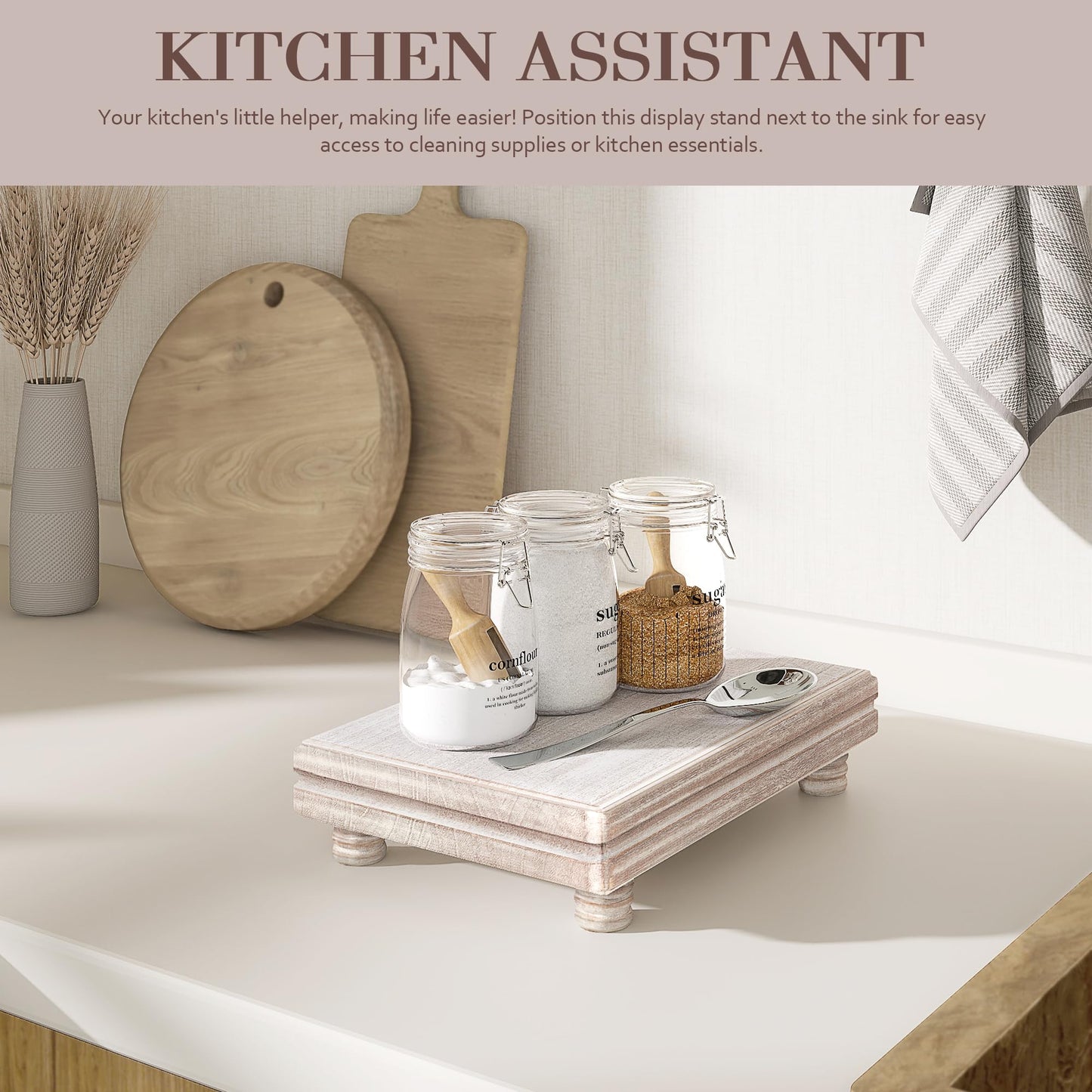 EOSAHR Decorative Tray Wood Pedestal Stand – Farmhouse Wooden Tray for Soap Holder & Bathroom Accessories - Kitchen Essentials & Bathroom Organizer for Home Decor (Natural Wood)