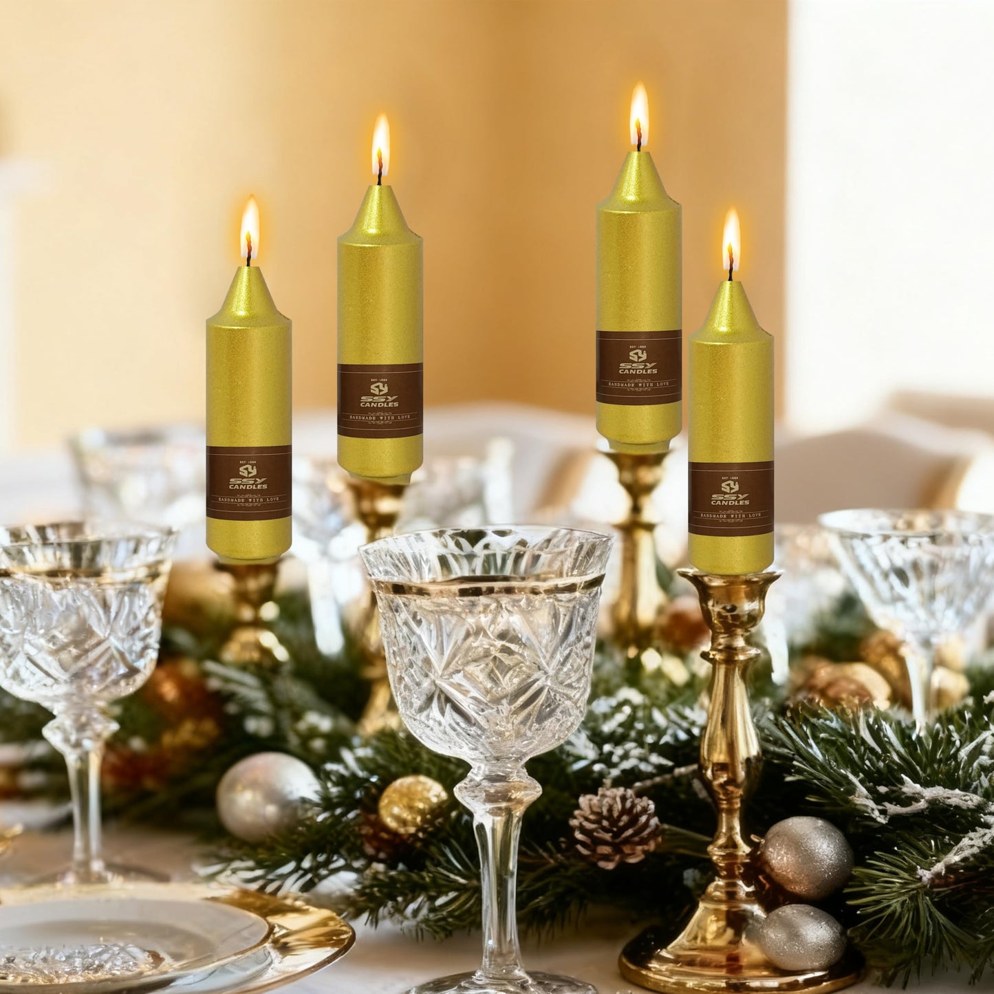 Christmas Metallic Gold Candle 5 Inch Short Smokeless Taper Candles 4 Pack Unscented Dinner Candle for Christmas Dinner