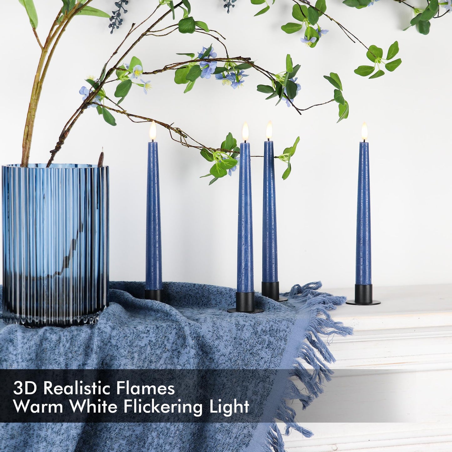 Fanna 9.6" Flameless LED Taper Candles with Timer in Real Wax, Battery Operated Rustic Wax Dinner Candlesticks with Remote, 8 Batteries Included - Set of 4 - Dark Blue