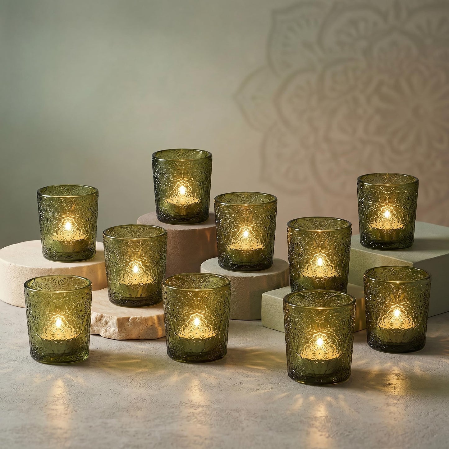 12 Pack Mandala Embossed Glass Candle Holders – Votive Tealight Holders with Patent Design, Decorative Embossed Glass Cups for Wedding Centerpieces, Parties, and Home Décor (Moss Green)