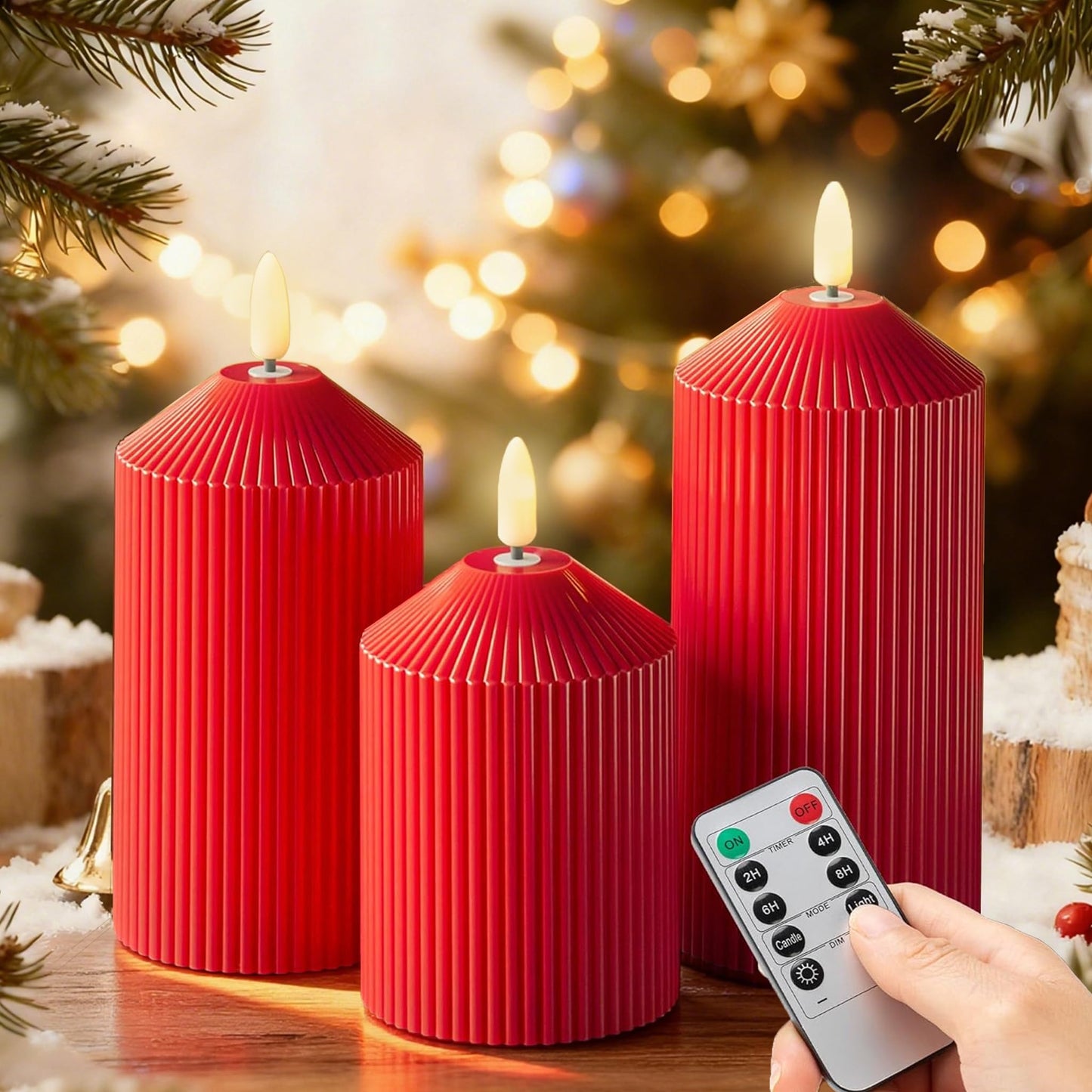LUSHARBOR Flameless Candles with Remote, Battery Operated Candles Real Wax LED Fake Pillar Candles with Timer Flickering Flame for Wedding Home Party, Set of 3 Red