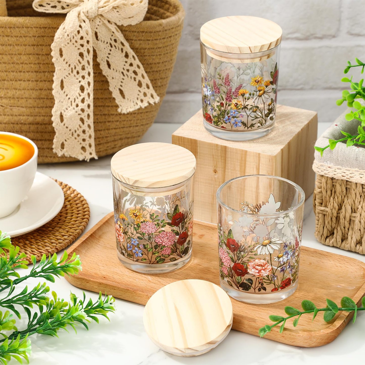 Whaline 12Pcs Wildflower Empty Candle Jar with Wooden Lid 7 oz Spring Floral Glass Candle Container for Candles Making Storing Kitchen Table Centerpiece Decoration