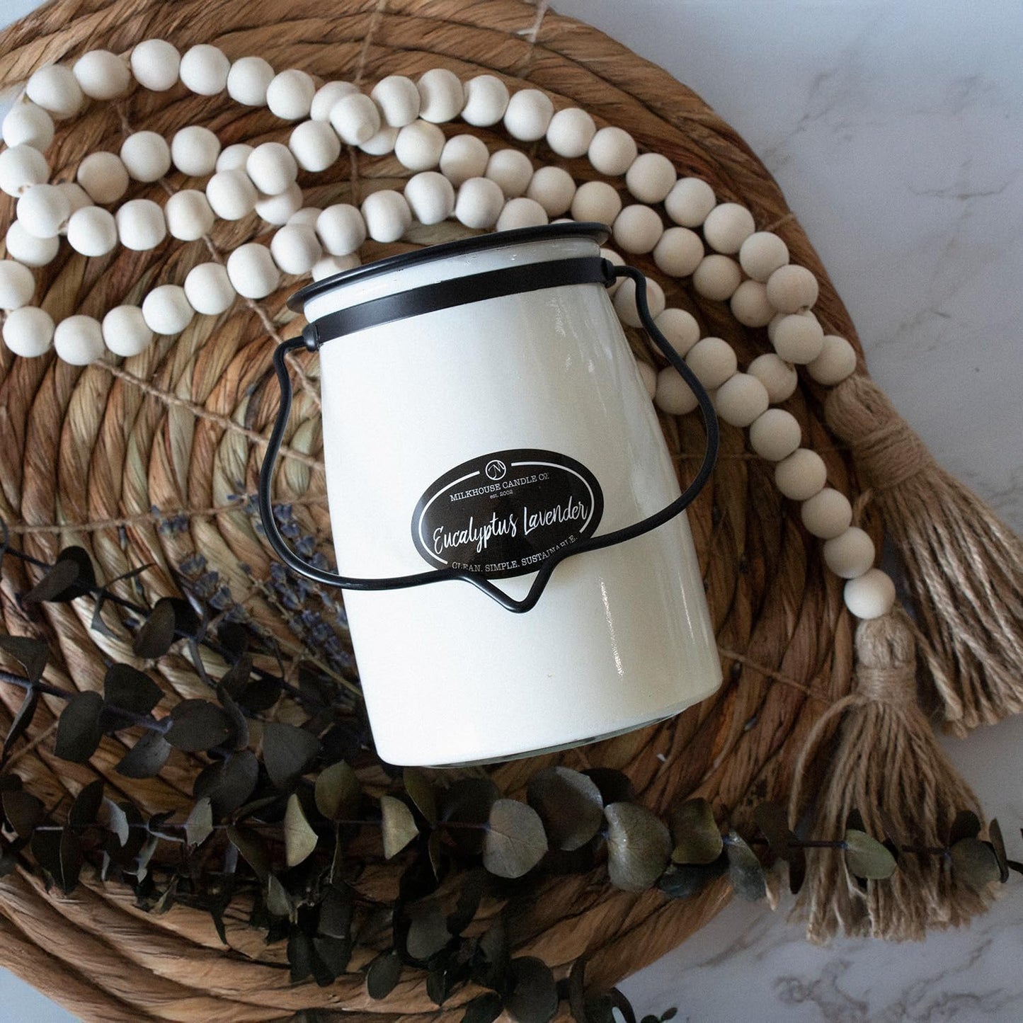 Milkhouse Candle Company Eucalyptus Lavender Soy Candle - Lavender | Eucalyptus | Soft Spice Scented - 22 oz Butter Jar with Lid, 120+ Hour Burn Time, Made in the USA