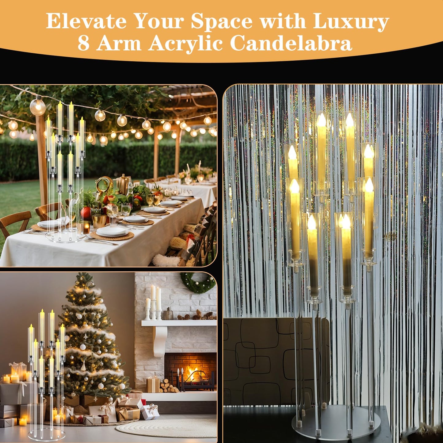 2 Sets 8 Arms Acrylic Candelabra Centerpieces for Tables Decortion,Clear Candle Holder for Wedding Dinner Fireplace Decoration and Home Decor,Candlesticks Holder with 16 LED Candle