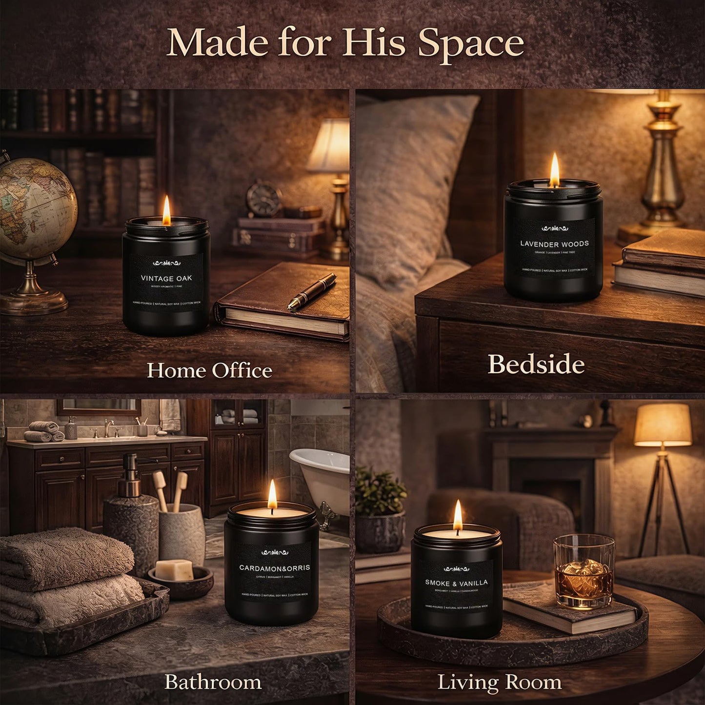 Candles for Men, 6 Pack Soy Wax Gift Set, 300H Long Lasting Home Fragrance with Masculine Scents, Gift for Dad, Husband or Boyfriend