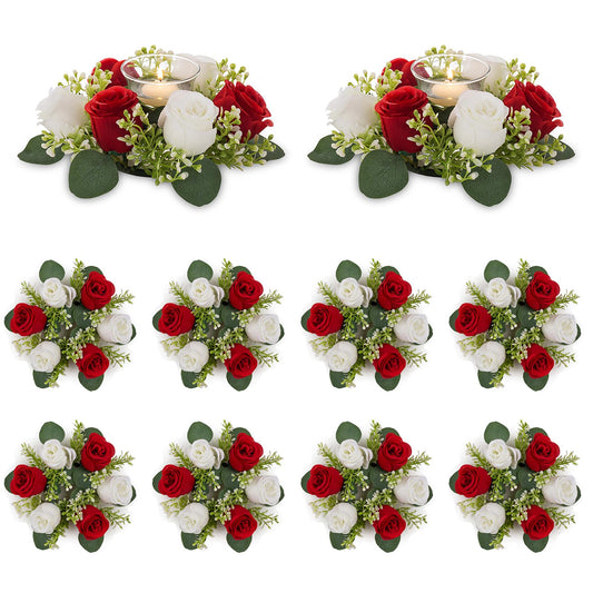 NUPTIO Flower Wreath for Table Centerpieces: 9.05 Inch Small Crimson & White Candle Rings 10 Pcs for Wedding Party Christmas Decorations - Rose Wreaths for Spring Summer Front Door Porch Decor
