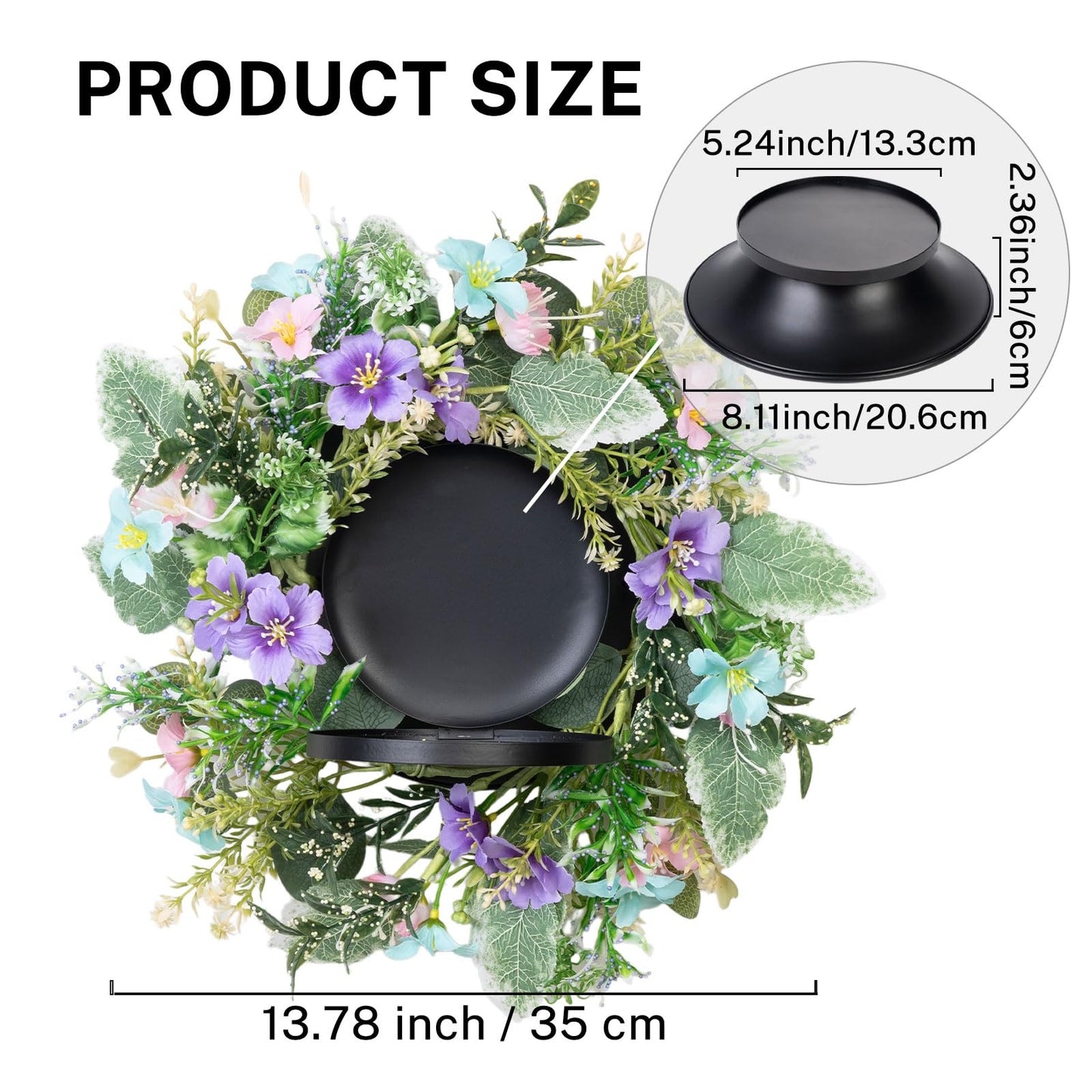 MOYEE Summer Candle Holder Centerpieces for Tables,Candle Ring, Black Metal Candlestick with an Artificial Wreath 14 in Versatile Dining Table Centrepiece (Blue and Purple Flower Wreath)