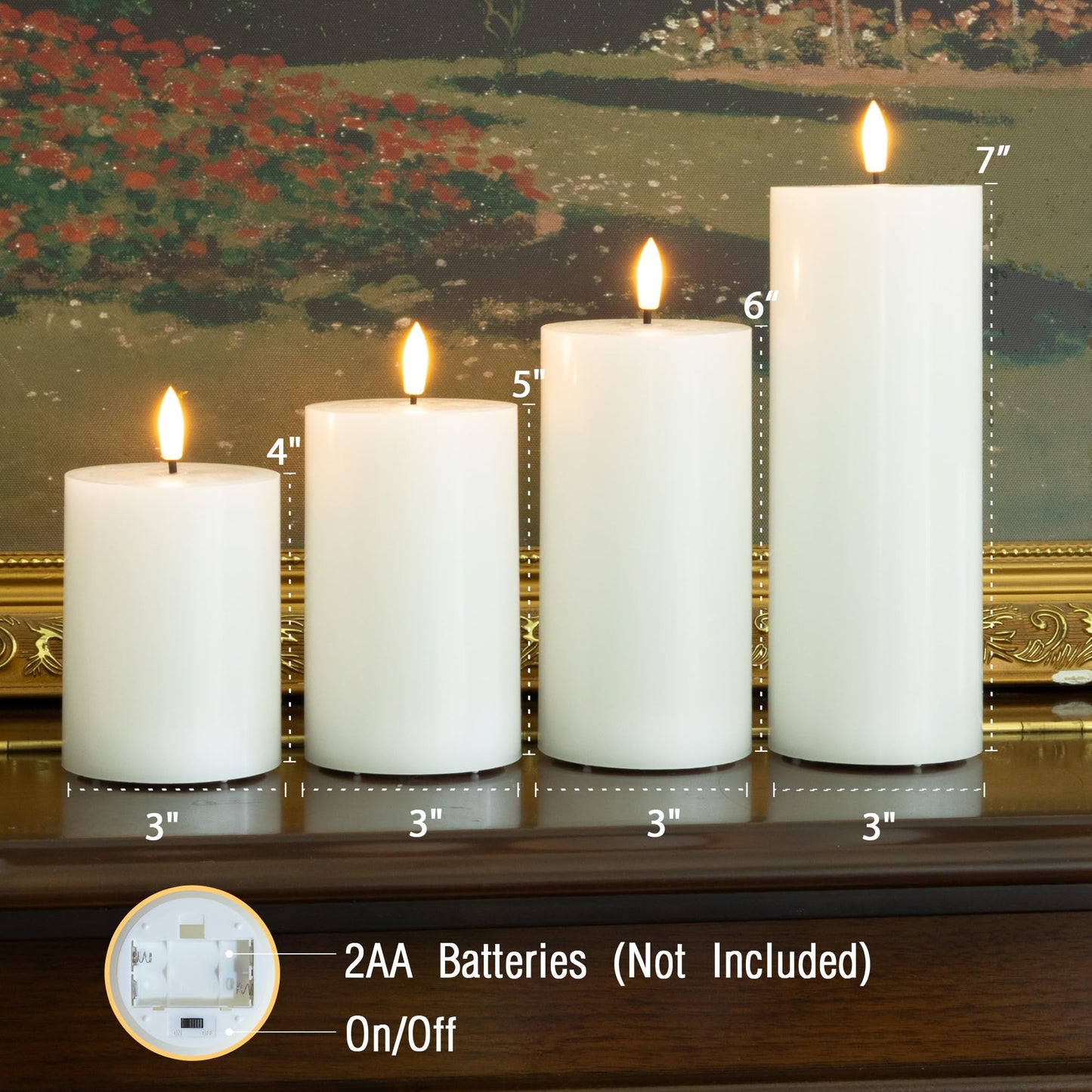 AFINETH White Flameless Pillar Candles, Battery Operated Wax Candles with Remote, Flat Top Flickering Flameless Candles, LED Candle for Home, Wedding, Party Decor, Set of 4, Φ 3" H 4" 5" 6" 8"