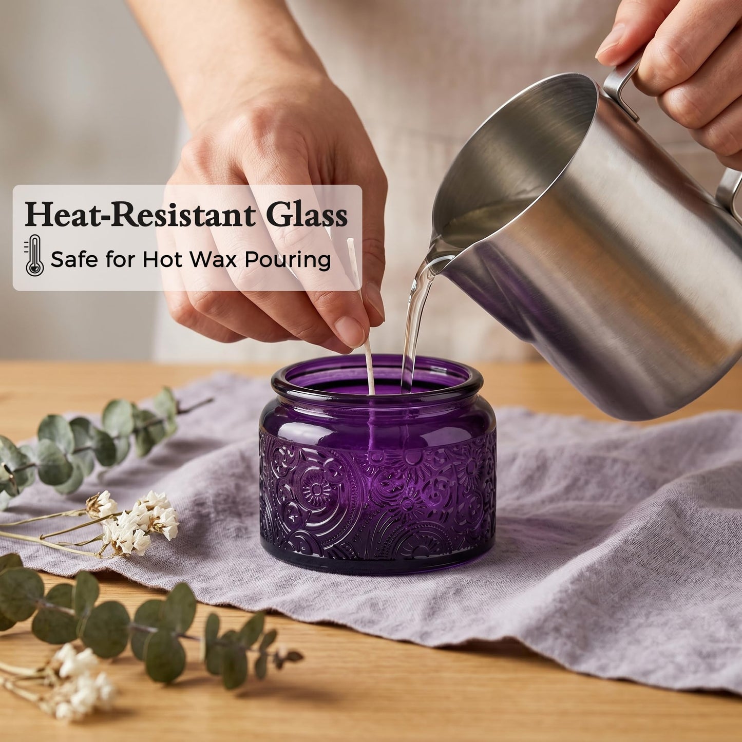 18-Pack 4oz Embossed Glass Candle Container with Bamboo Lids and Labels, Clear Candle Jars for Making Candles, Sun Moon Star Design (Purple)
