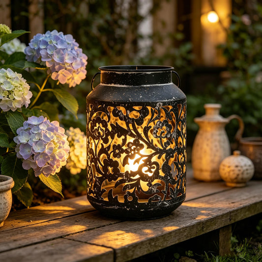 Vintage Metal Candle Lanterns with Handle Rustic Distressed Black Decorative Candle Holder with Floral Cut-Out Design for Home, Garden, Patio, Porch, Parties, Weddings Decor (Black)