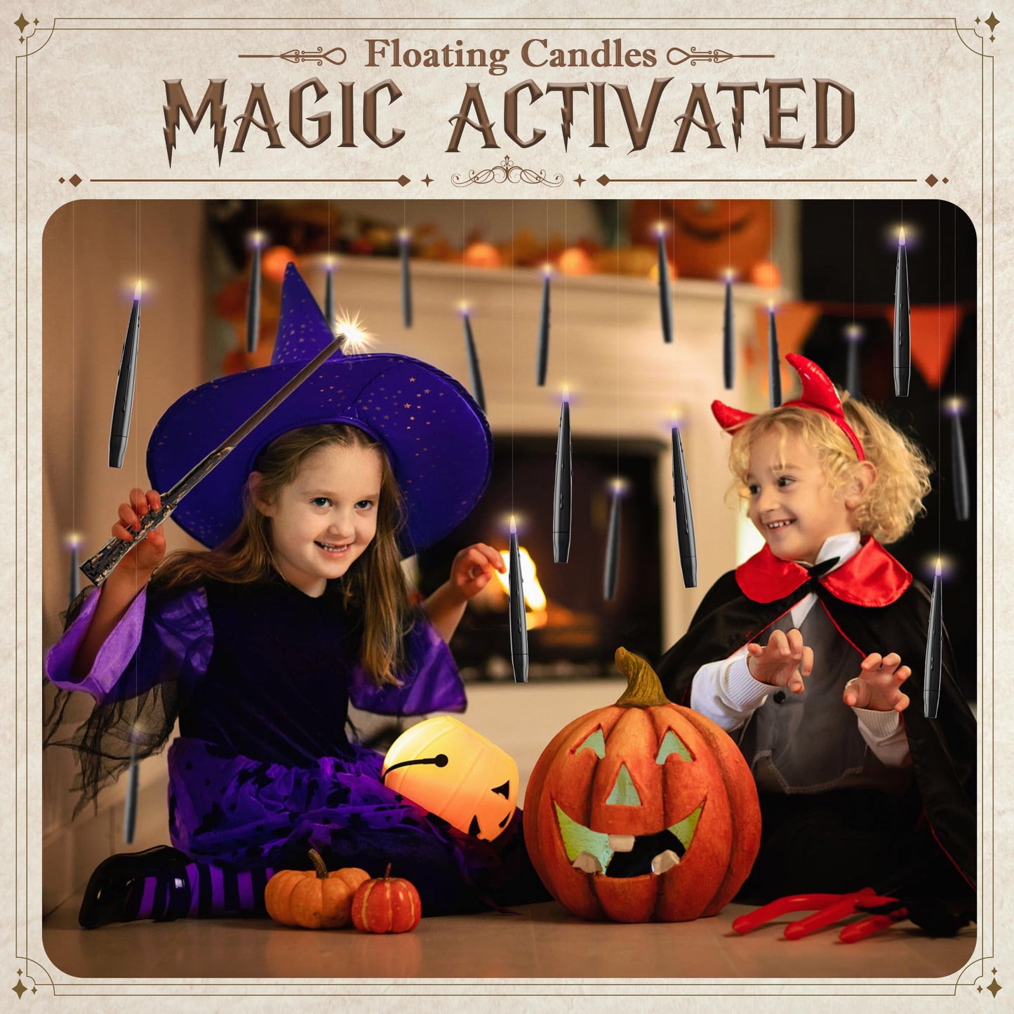 JOIONE Floating Candles with Wand, 12 Pack Hanging Candles with Magic Wand Remote, Battery Powered Floating Candles with Wand, Flameless Magic Hanging Taper Candles for Xmas Halloween Decor, Black