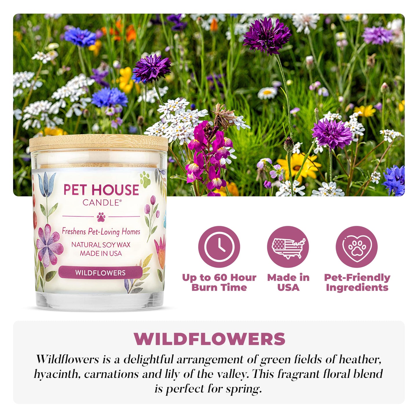 Pet House Candles, Plant-Based Long Lasting, Clean Burning Scented Pet Odor Candles, 60 Hour Burn Time - Wildflowers, 9 oz