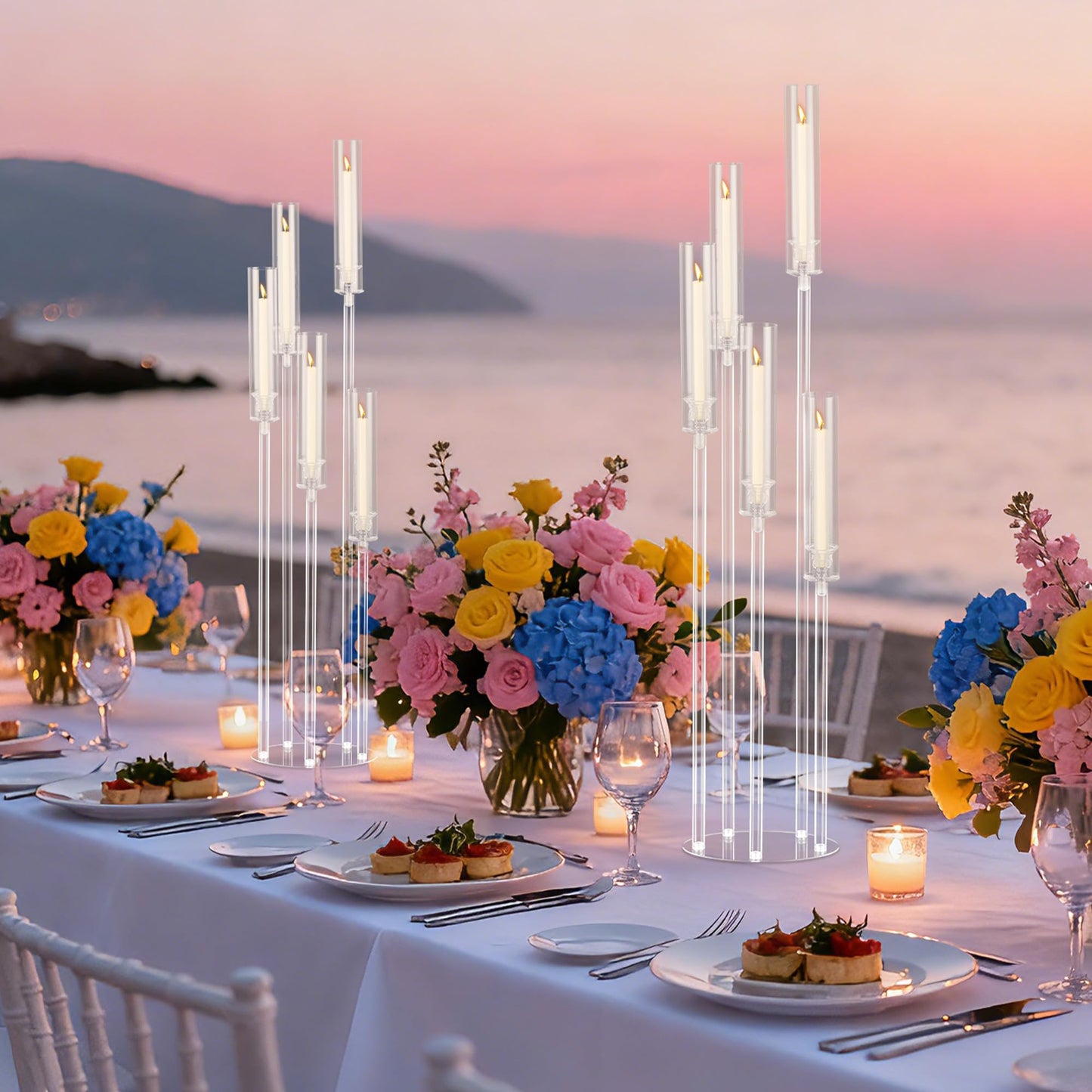 4Pcs 45.7''Tall 5 Arm Acrylic Candelabra Centerpieces for Tables, Clear Candle Holder for Wedding, Floor Candelabro Holders for Ceremony Birthday Party Home Decoration Fit 0.8 LED Candles（No Candle）
