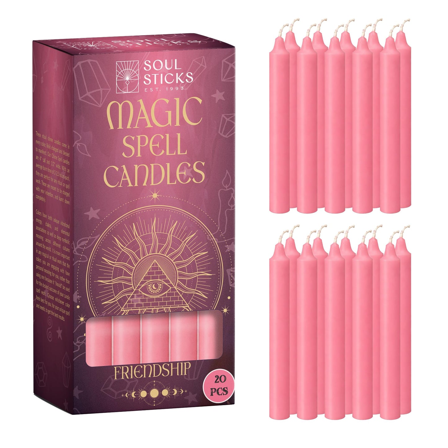 SOUL STICKS Friendship Magic Spell Chime Taper Candles 20 Pack - Ideal for Altar, Rituals, Ceremonies, Meditation Pink Taper Candle for Witchcraft Supplies, Wiccan Supplies, Candles Clearance