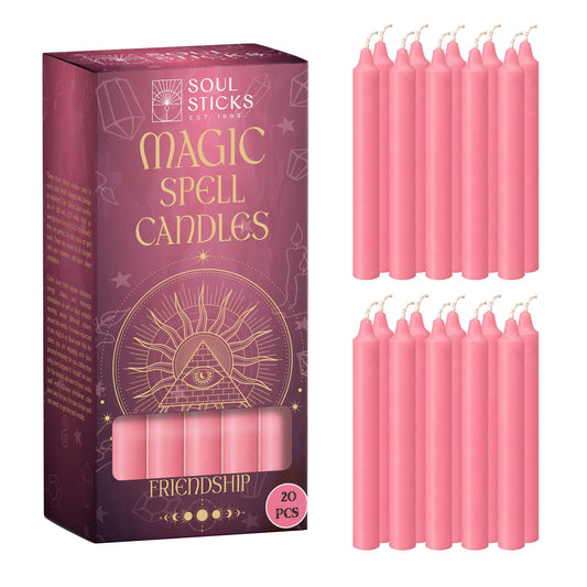 SOUL STICKS Friendship Magic Spell Chime Taper Candles 20 Pack - Ideal for Altar, Rituals, Ceremonies, Meditation Pink Taper Candle for Witchcraft Supplies, Wiccan Supplies, Candles Clearance