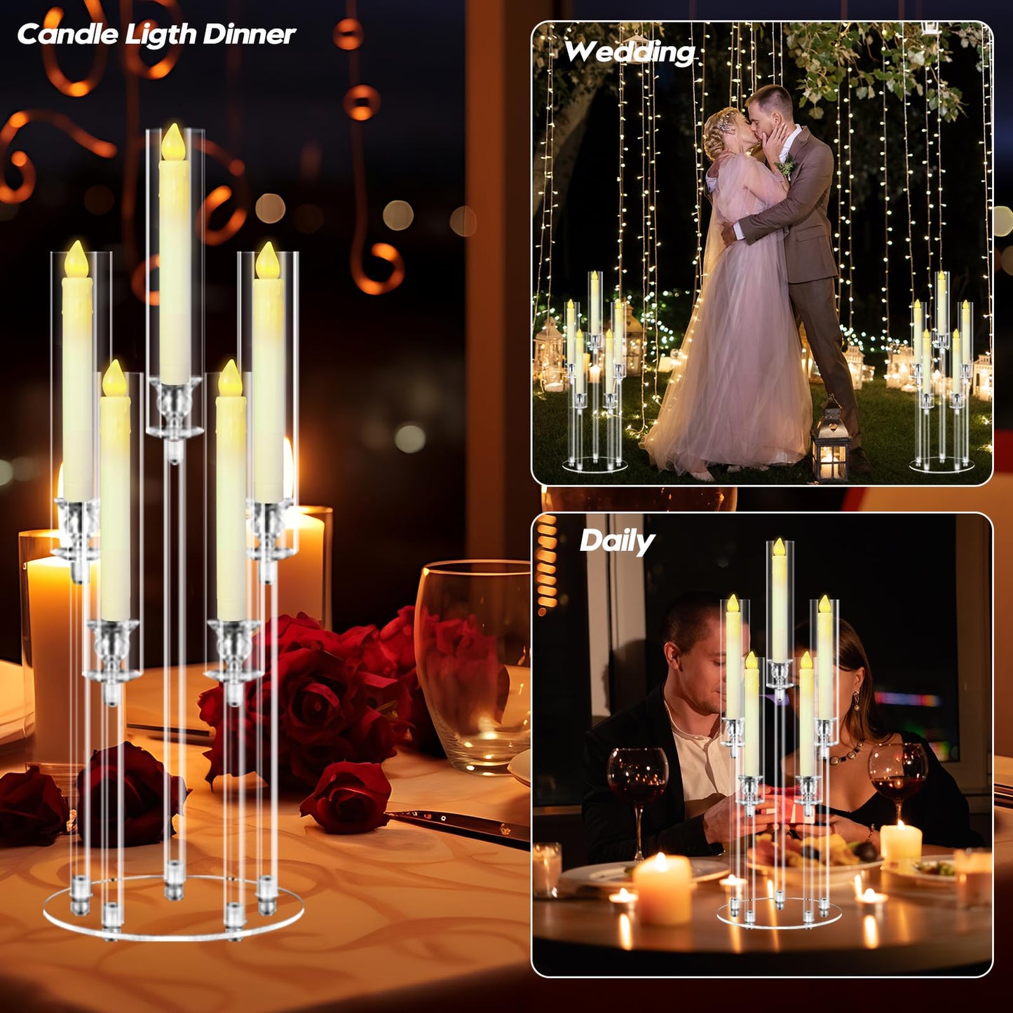 Cheloment 4 Sets 5 Arms Acrylic Candelabra Centerpieces for Tables, 27" Clear Candle Holder for Wedding Dinner Party and Home Decor,Candlesticks Holder with LED Candles