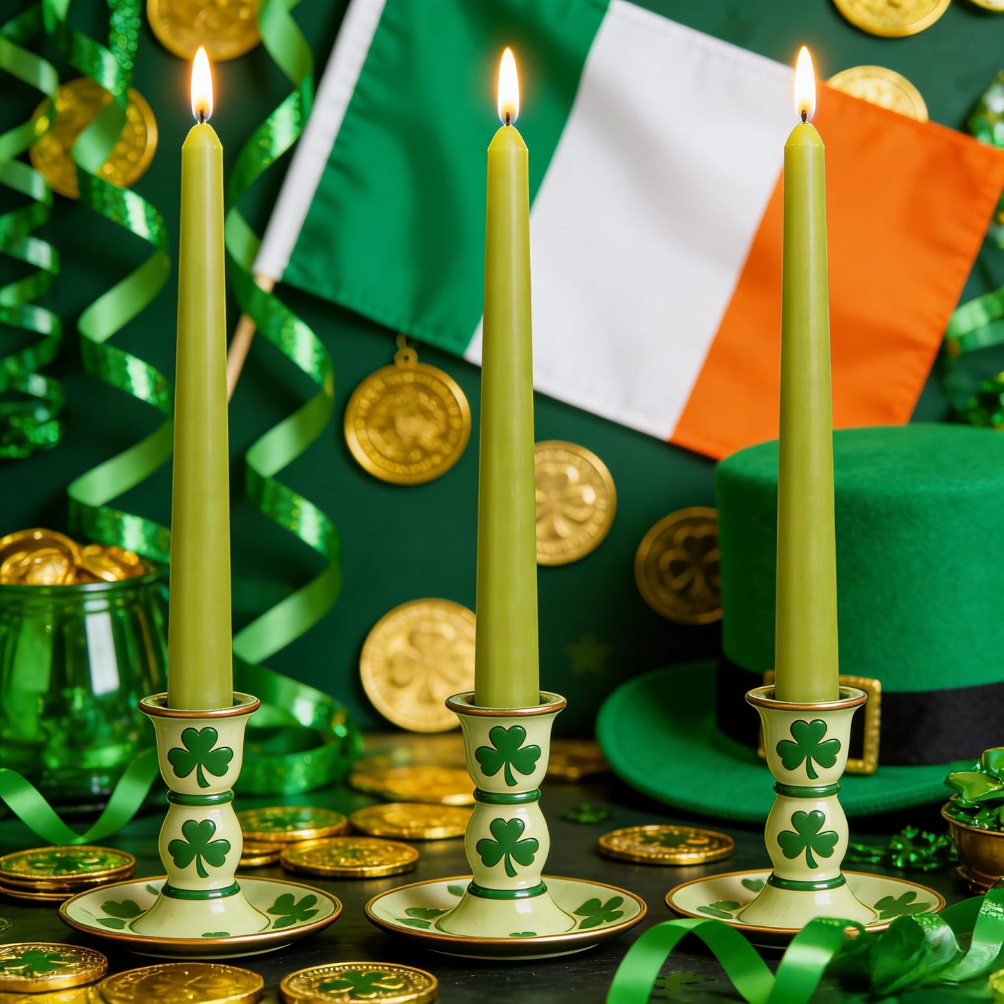 12-Pack Olive Green Taper Candles, 10 Inch Unscented Dripless Candlesticks, Long-Lasting Burn Time of 7-8 Hours, Perfect for Christmas Home Décor Spring and St. Patrick's Day