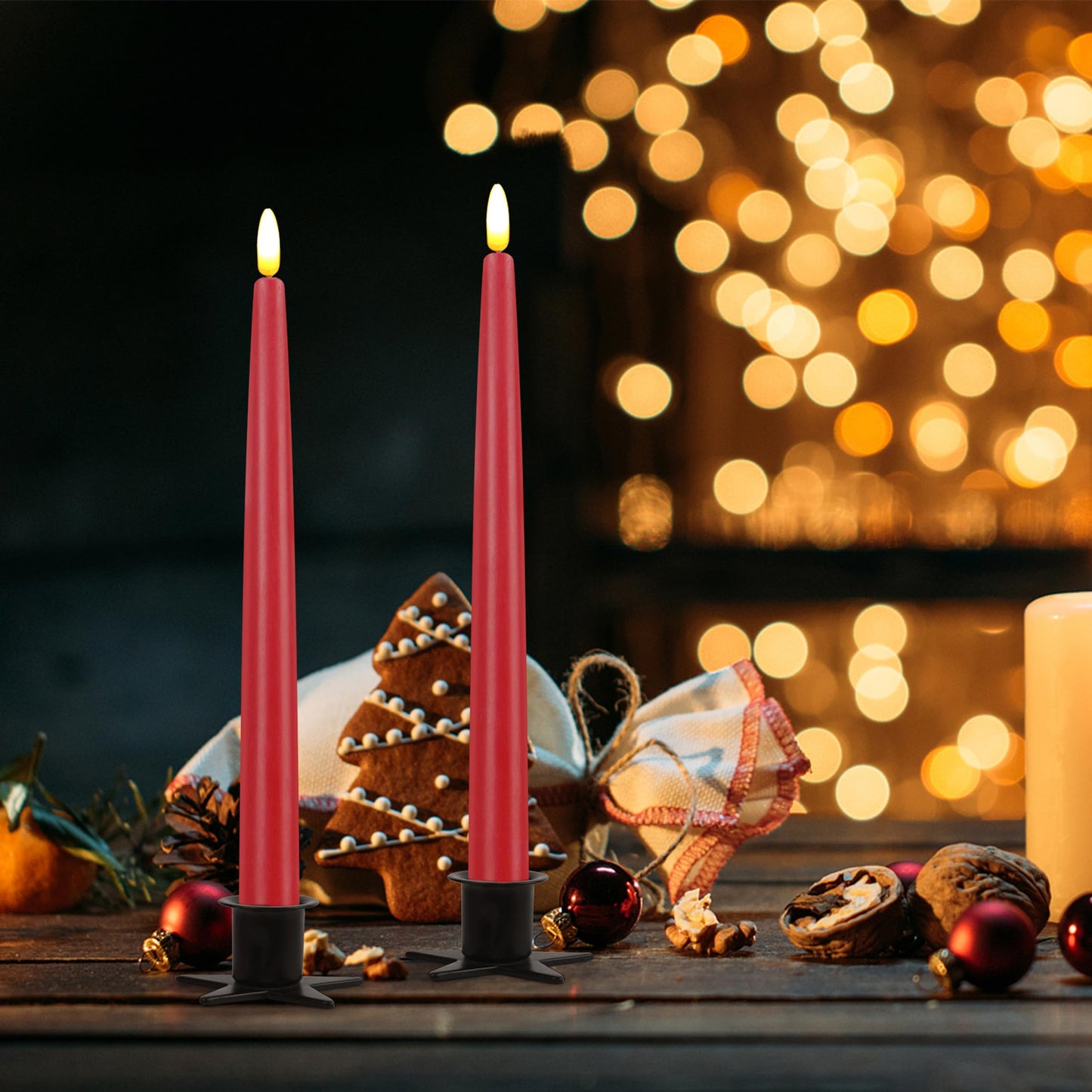 CVHOMEDECO. Flameless Taper Candles with 10-Key Remote, Battery Operated Led Flickering 3D Wick Window Candles Real Wax Finished Home Christmas Party Decor 0.78 x 11 Inch, Pack of 2 Red