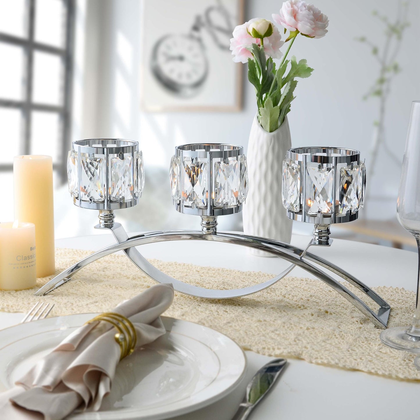 KEHAIL 3 Arms Crystal Candle Holders, Arch Candlestick Table Candelabras Centerpieces for Wedding, Dinning Room, Cabinet Ornaments, Home Decoration， Gift (Silver, 2 Pcs-3 Arm Arched)