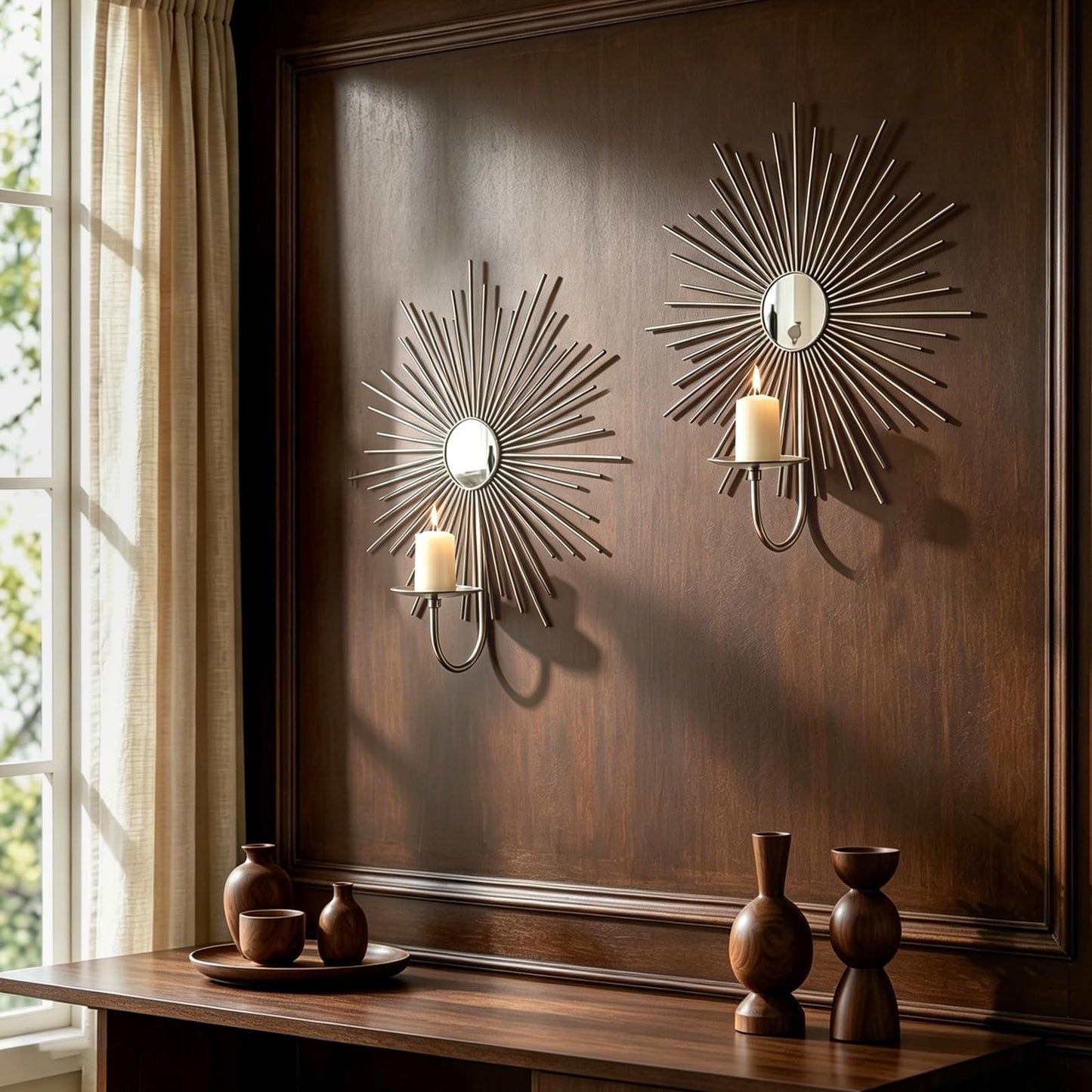 Sxnzequnze 2 Set Candle Sconces Wall Decor for Living Room Metal Sunburst Mirrored Modern Gold Wall-Mounted Candle Holder Sconces Hanging Mounted Fireplace Farmhouse Wedding
