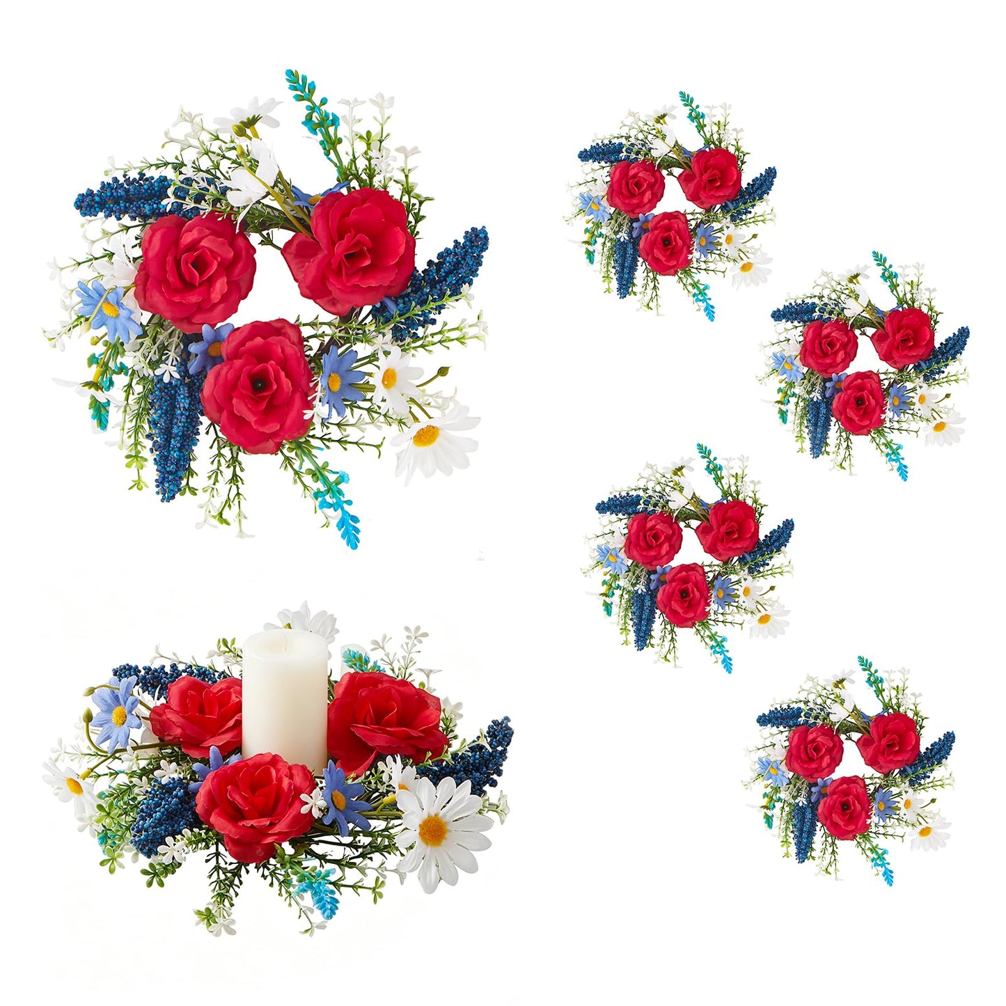 4th of July Candle Ring Wreath 6Pcs, 11.8 Inch Small Patriotic Wreath, Mini Artificial Rose Lavender Daisy Wreath, Tabletop/Candle Ring Decor for Home Front Door, Porch, Wall, Window, Cabinets