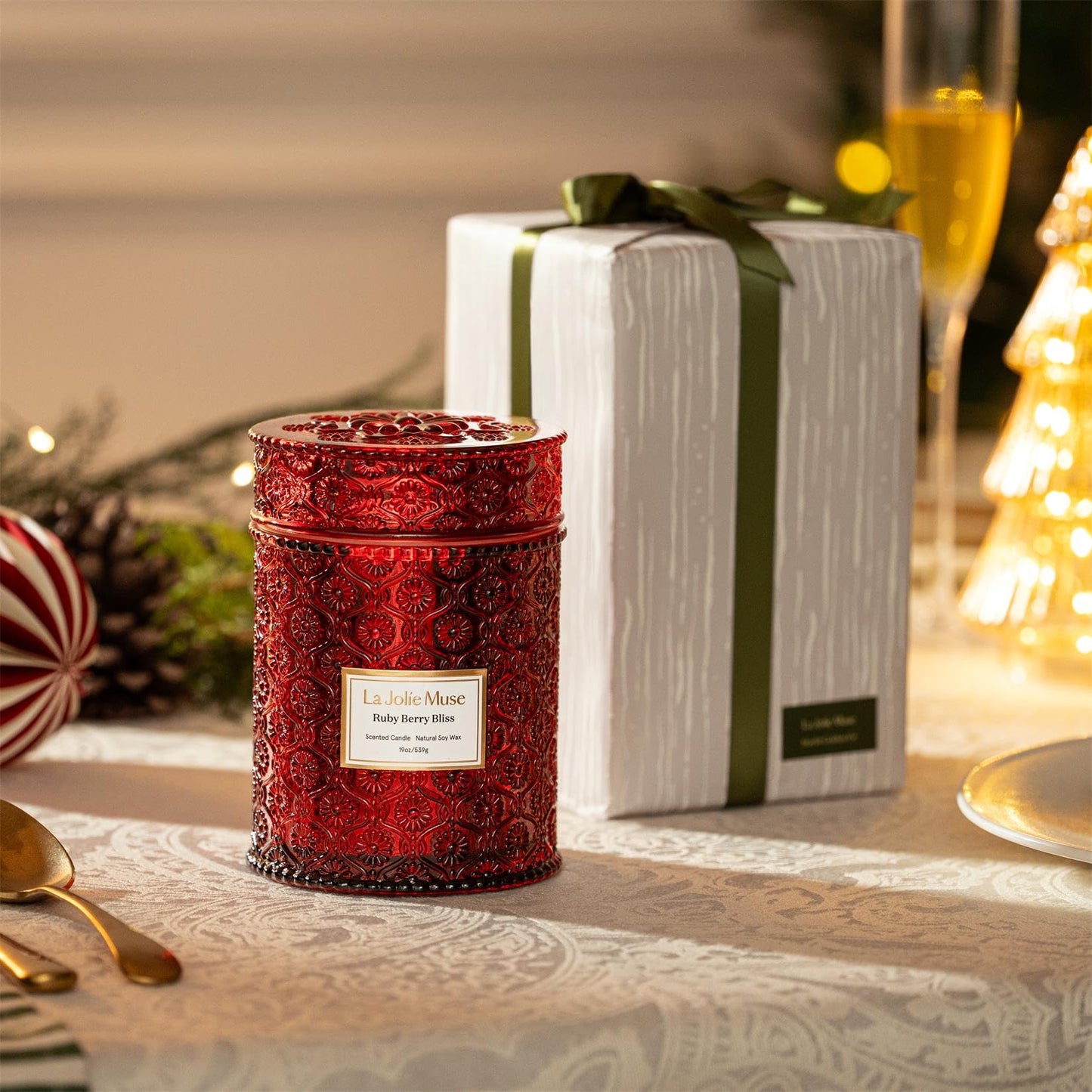LA JOLIE MUSE Ruby Berry Bliss Scented Candle for Home | Christmas Winter Holiday | 19 oz Non Toxic Natural Soy | Large Red Jar Candle | Luxury Gifts for Women & Men | Wood Wick
