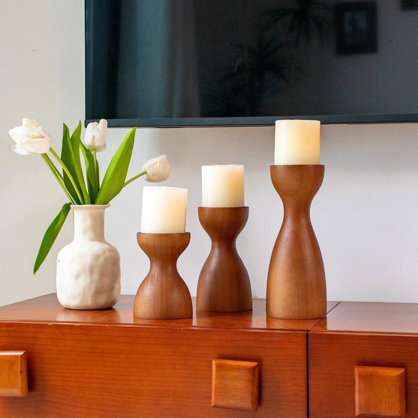 Set of 3 Farmhouse Wooden Candle Holders for Pillar Candles , Brown Rustic Wood Pillar Candle Stands Table Centerpiece Decor for Fireplace, Living, and Dining Room