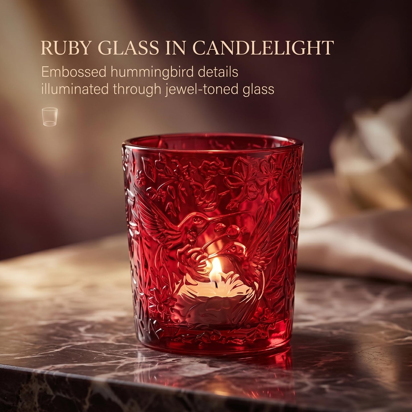 6 Pack Hummingbird Embossed Glass Candle Holders Votive Tealight Holders with Patent Design, Decorative Cups for Wedding Centerpieces, Parties, and Home Decor (Crimson Glow)