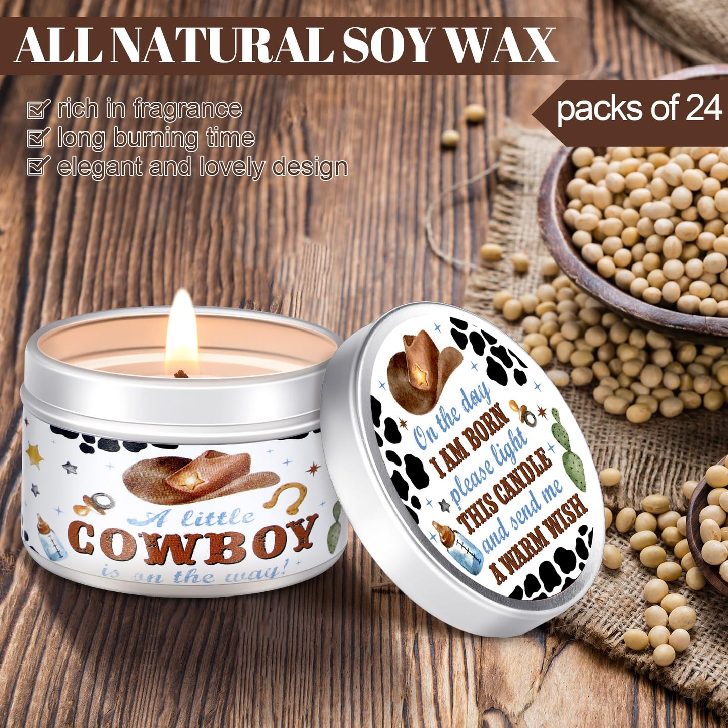 MTLEE 24 Pcs Cowboy Baby Shower Party Favors Candles Lavender Scented Baby Shower Favors for Guests Rustic Tealights Candles Gender Reveal Return Gifts (1.2 oz, White)