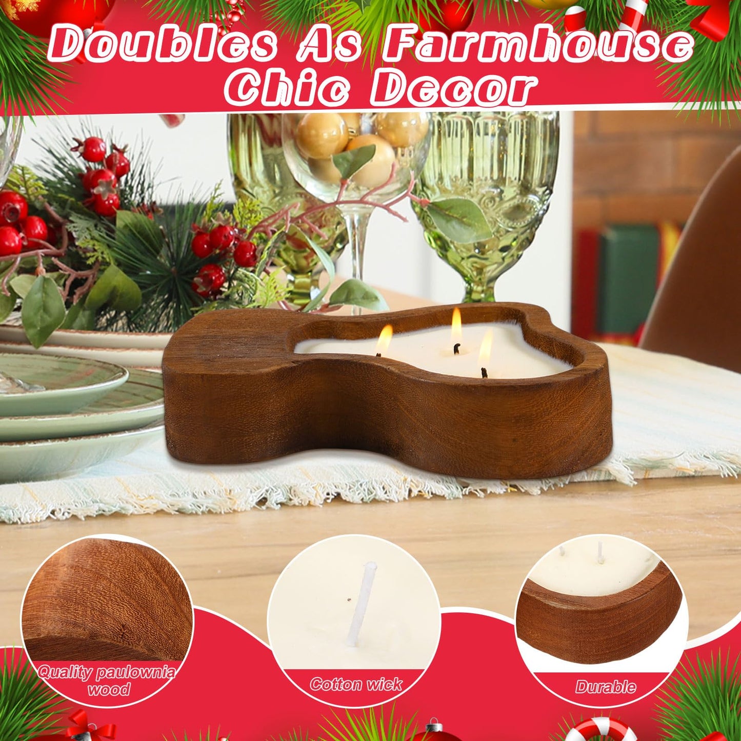 MTLEE Christmas Wooden Candle Bowl Wood Dough Bowl 3 Wick Rustic Xmas DIY Scented Candles Gifts Decoration with Berries Pine Label for Dining Farmhouse Table Centerpiece(Christmas Stockings)