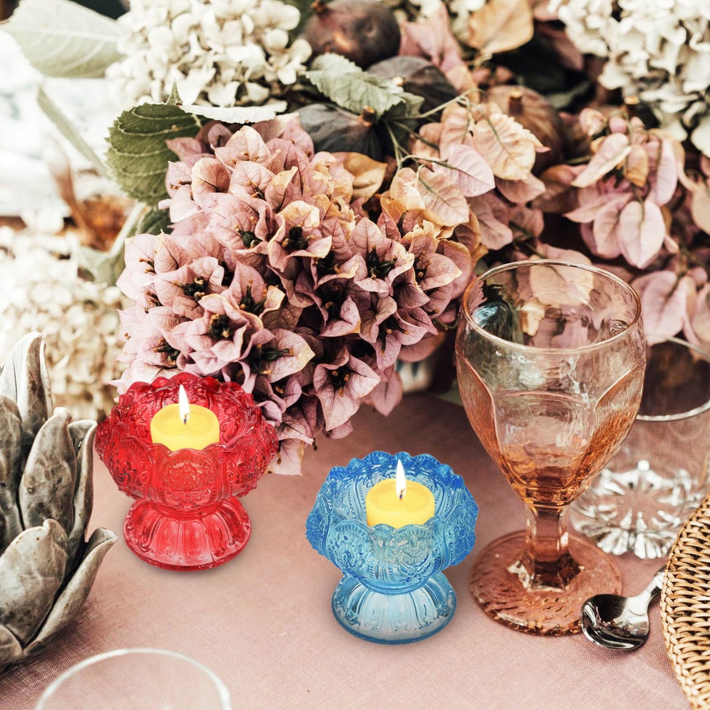 POPETPOP Butter Lamp Candleholder Set, 3pcs Small Blue Red Pink Glass Crystal High Base Candle Holders for Buddhist Rituals and Home Décor Desktop Adornment