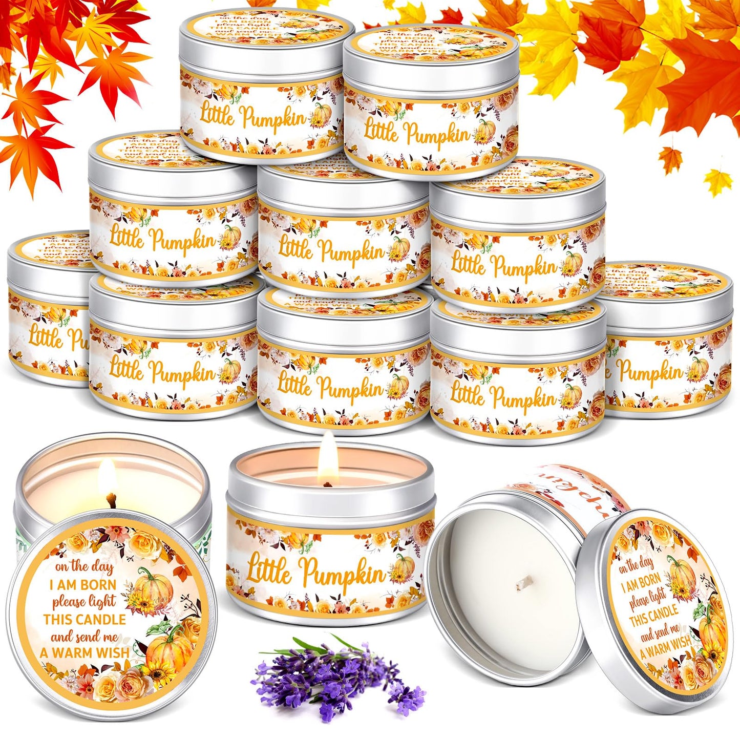 MTLEE 24 Pcs Fall Pumpkin Baby Shower Party Favors Candles Lavender Scented Baby Shower Favors for Guests Rustic Tealights Candles Gender Reveal Return Gifts(1.2 oz, Yellow)