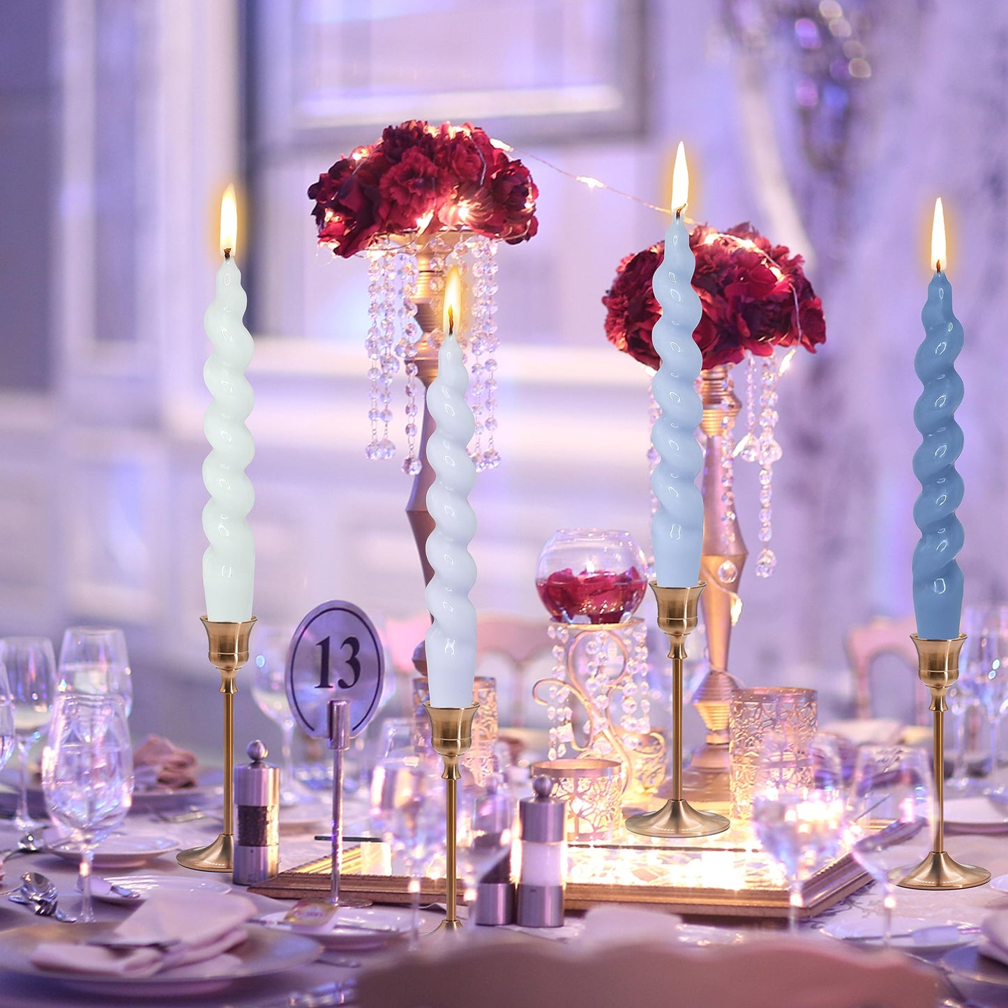 7.5 Inch Twisted Taper Candle 4 PCS Unscented Spiral Candle Smokeless Gradient Blue Candlesticks for Home Dinner Wedding Party Decoration