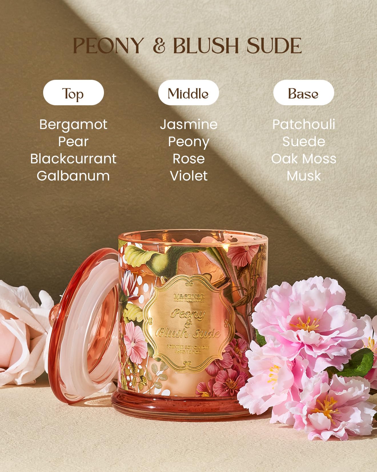 M&SENSE Peony Blush Sude Scented Candles, Summer Floral Scented Natural Soy Wax Candles, 12.7oz Large Candle Non Toxic 75 Hours Burning, Gifts for Women