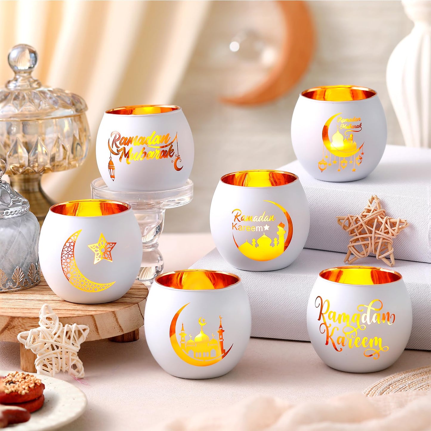 FoldTier 6 Pcs Ramadan Table Decor Ramadan Mubarak Candle Holders Glass Eid Mosque Decoration Votive Tealight Candle Holders for Muslim Gift Tabletop Centerpieces Islamic Party Home Decoration