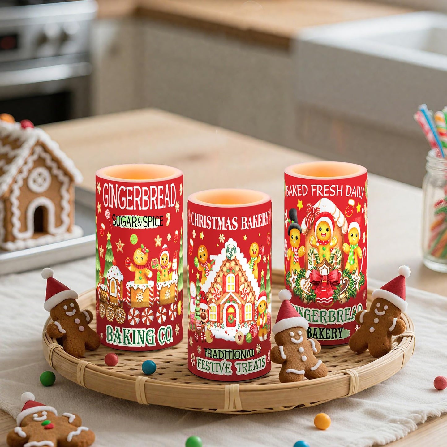 Retisee 3 Pcs Christmas Flameless Candles with Remote Timer Gingerbread Man Real Wax LED Flickering Pillar Candle White Cold Light Battery Operated for Home Window Xmas Gift Winter Holiday Decor