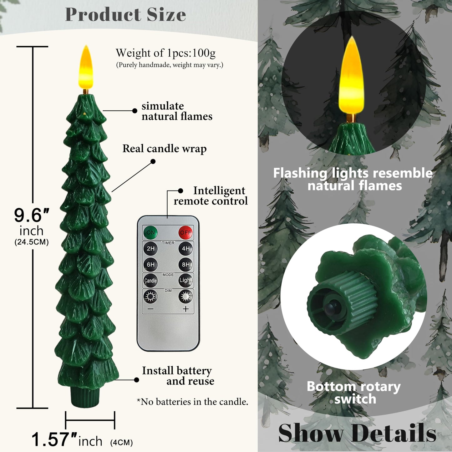 FCMSHAMD Dark Green Christmas Trees Flickering Flameless Candles with Remote and Timer, Real Wax 3D Flame Wick LED Candles, 9.8 Inch Battery Operated Candles for Christmas Home Decoration，2PCS