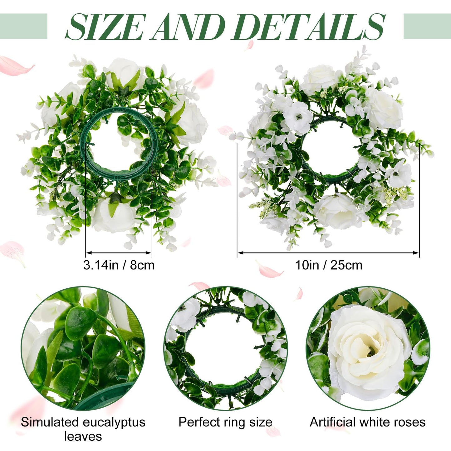 Yunlly 4 Pcs White Rose Candle Wreaths Rings Roses and Green Leaves Candle Holder Rings with LED Flameless Candles, 9.5" Wide for Wedding Windows Table Centerpieces